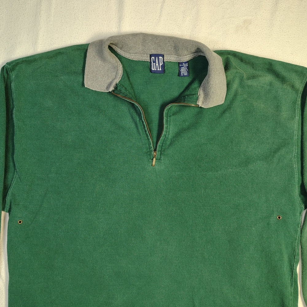 Vintage GAP Mens Quarter Zip Pullover Size M Green Cotton 90s Gorpcore Sweater - Picture 2 of 12
